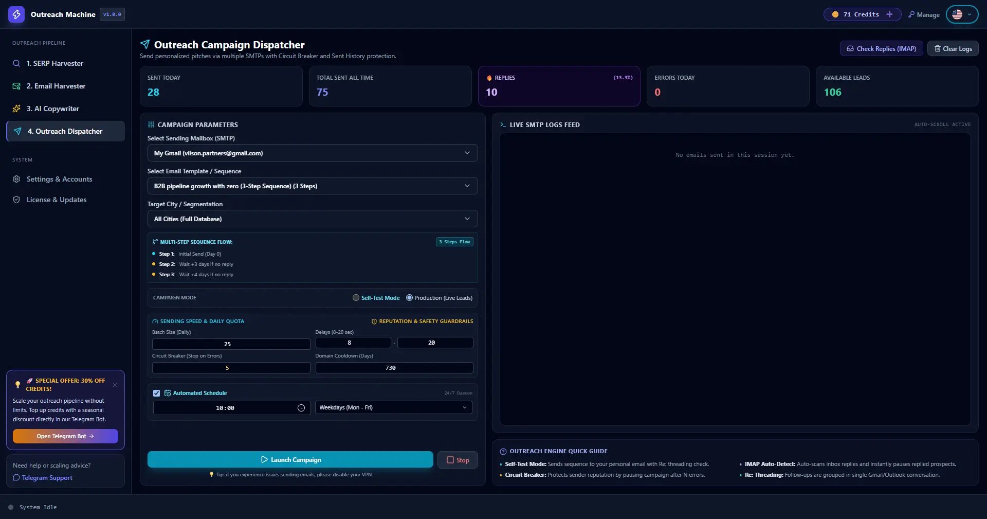 Screenshot of dispatching emails and tracking replies in IQ Leadbox